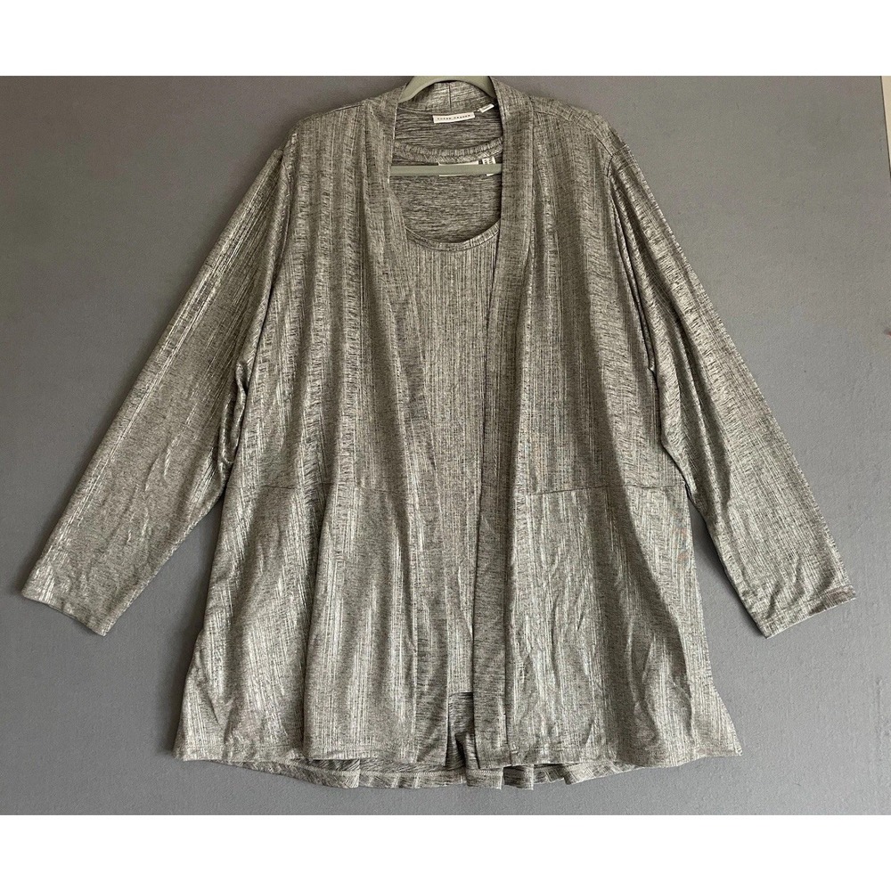 Susan Graver 2X Liquid Knit Metallic Silver‎ Open Cardigan Tank Set Holiday NYE